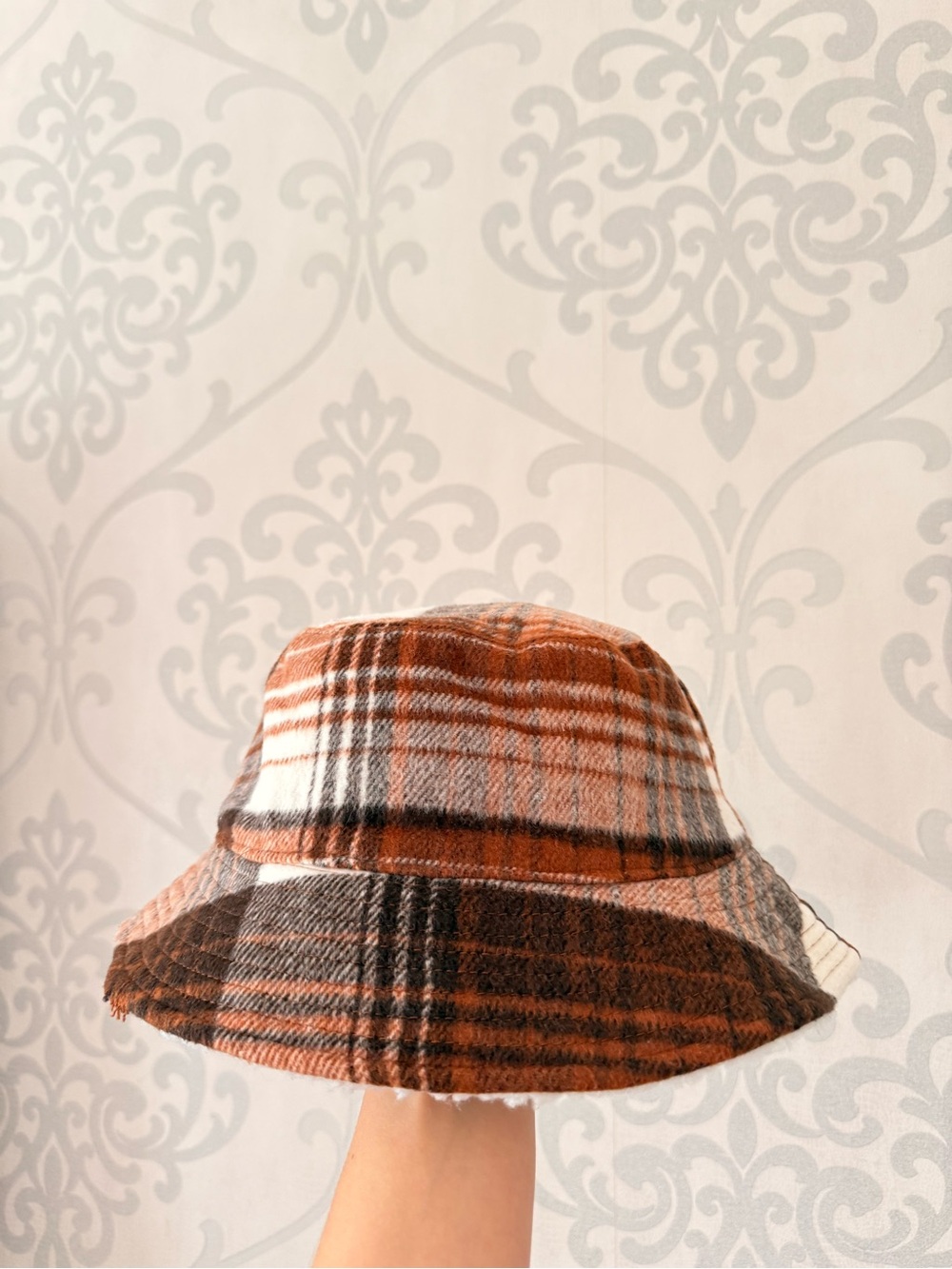 Plaid Bucket Hat - Brown & Cream Checked with Reversible Faux Fur inside